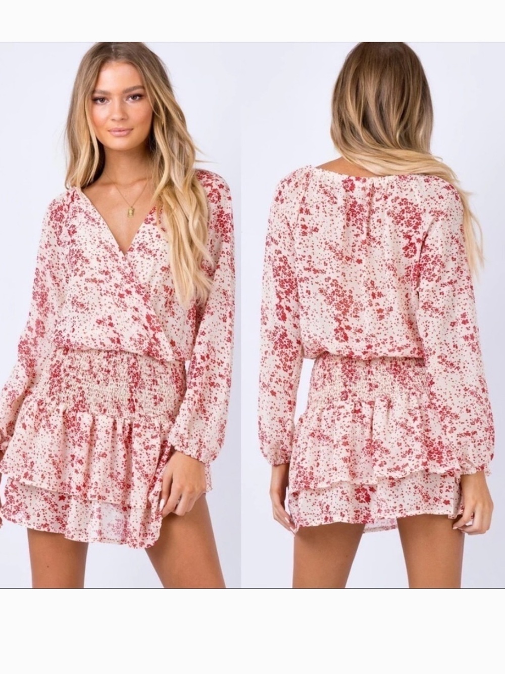 Princess Polly Altona White & Red Floral Long Sleeve Smocked Ruffle Hem Dress
